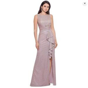 Betsy & Adam Sleeveless Glitter Draped Gown Pink White Gold S1791